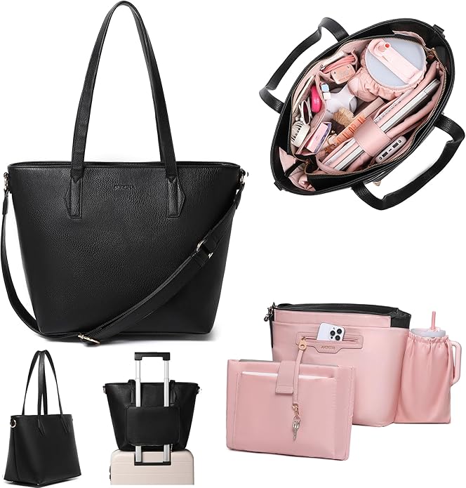 Daily, Travel, Work, Anti-theft Laptop Tote with Cross Body Strap - Black